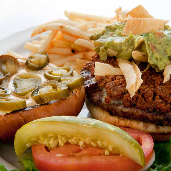 Food Photographer Chicago Open Burger with guacamole, tomato chips and fries