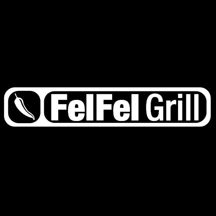 Menus and Photos FelFel Grill Logo Design, Black and white branding, on black background