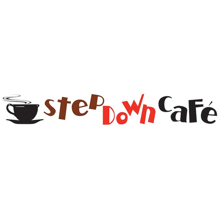 Menus and Photos Step Down Cafe Logo Design Black and red branding